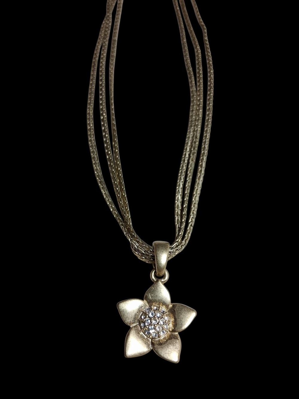 Vtg Lia Sophia Gold Tone Sun Flower Pendant Necklace Rhinestone 3 Chain Boho